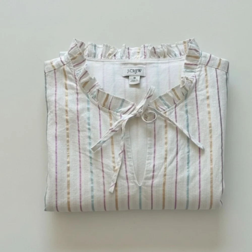J.Crew Cotton Ruffle Collar Metallic Stripe Midi Dress - White/Pastel Size 6
